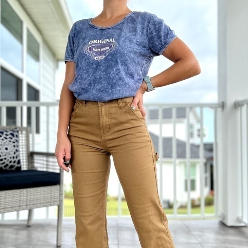 Harley Davidson Y2K Blue Acid Wash Cropped T-shirt Size Large Canada Vancouver